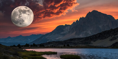 Full moon in a vibrant orange sky above a mountain lake at dusk