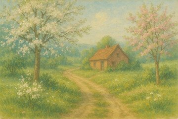 Fototapeta premium Springtime Serenity: A charming rustic house nestled amidst lush greenery, framed by blossoming trees, evokes a sense of peace. A winding path leads through a vibrant meadow.