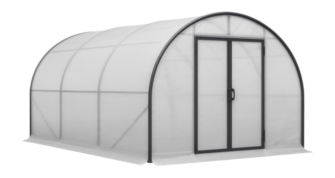 Tunnel greenhouse with a reinforced plastic cover, perfect for large gardens to provide ample growing space.