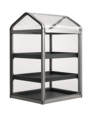 Mini greenhouse with a tiered shelf system and a clear PVC cover perfect for a small patio to start seedlings.