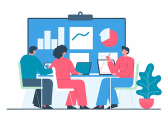 Business Team Meeting Analyzing Data Charts Graphs and Reports for Project Success and Growth Strategy Discussion