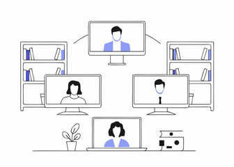 Online Meeting Illustration with People on Computer Screens and Bookshelves in a Minimalist Style