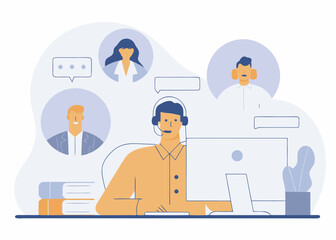 Online Meeting with Colleagues Virtual Conference Telecommuting Video Call Remote Work Communication Flat Vector Illustration Modern Design