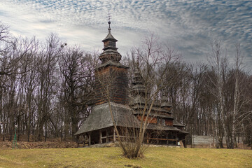 Ukraine Kyiv Museum of Folk Architecture Pirogovo on a cloudy winter day