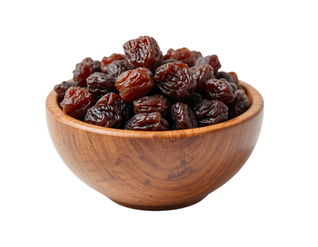  A small acacia wood bowl brimming with plump, sun-dried raisins. Isolated on white with soft shadows to highlight the natural tones.

