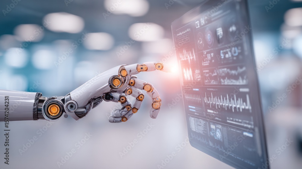 Poster robotic interface: a close-up perspective of a robotic arm and hand interacting with a high-tech int