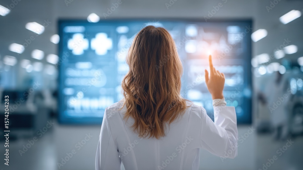 Poster woman analyzing data on large screen: a woman in a white lab coat stands with her back to the camera