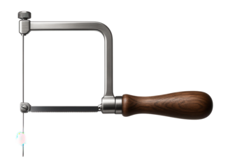 Compact coping saw with a slim metal frame, ideal for intricate woodwork in a home workshop.