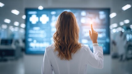 Woman Analyzing Data on Large Screen: A woman in a white lab coat stands with her back to the camera, her finger pointing at a large screen filled with data and graphs.