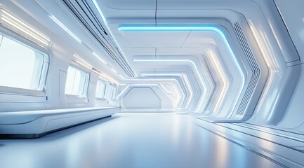 Fototapeta premium Futuristic white hallway with blue accents