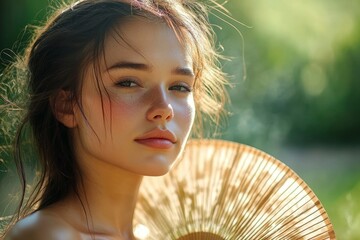 Heatstroke from weather. Woman using a paper fan to cool herself on a summer day, Generative AI