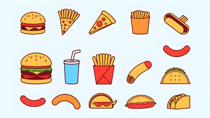 Fast food icon set. Containing burger, pizza, hot dog, french fries, sandwich, soda, sausage, burrito, taco and nachos. solid icons collection.