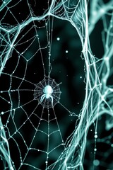 create a haunting and eerie image featuring a creepy white spider web on a stark black background