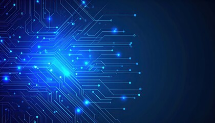 Obraz premium illuminated blue circuit board with glowing pathways, interconnected nodes, and high-tech design symbolizing modern electronics and digital communication