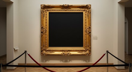golden empty frame in a museum with barrier rope