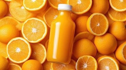 Fresh orange juice bottle with ripe oranges.