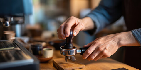 Barista hands tamping coffee grounds in portafilter for espresso preparation with warm lighting and blurred background