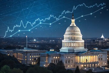 Us capitol building at night with upward financial graph overlay