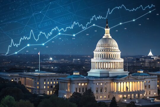 Us capitol building at night with upward financial graph overlay - Powered by Adobe