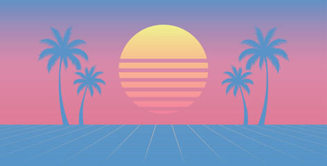 Retro 80s Sunset with Palm Trees and Grid Landscape