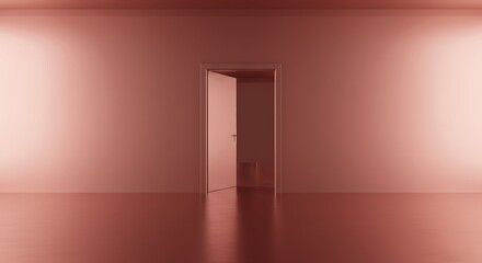 Empty rose gold room architectural interior with infinite open door