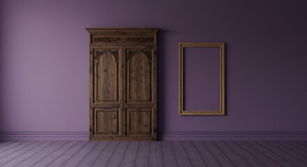 Empty purple room with blank frame and decorative wooden panel