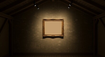 Art gallery with old picture frame, grunge wall and wooden roof beams