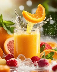Refreshing orange juice with splashes and fruit.