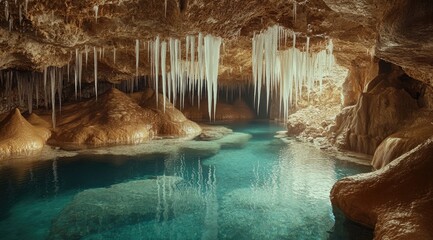 Cave interior, icy formations, tranquil water