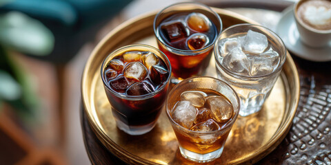 Cold brew coffee and iced water served in glass on round tray with warm cappuccino cup on wooden table
