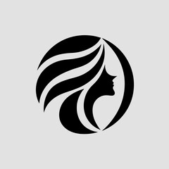 Naklejka premium Minimalist beauty salon logo with female face profile and flowing hair inside a circle, elegant black vector design for spa, cosmetics, or hair styling brand identity.