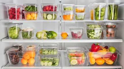 Organized refrigerator interior featuring labeled containers and fresh ingredients neatly arranged on clean shelves, symbolizing smart food storage, meal planning,modern kitchen hygiene safety concept