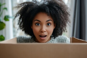 Woman opening a parcel box, feeling surprised at home, Generative AI