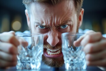 Drunk man refusing to drink more whisky, pushing away the glass, Generative AI