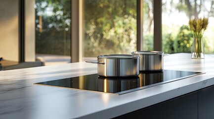 Modern kitchen countertop with two stainless steel pots on a black induction cooktop