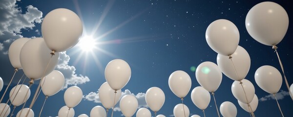 white balloons floating in the night sky, illuminated by the glow of a solar flare, the scene is dominated by silver tones