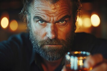 Drunk man refusing to drink more whisky, pushing away the glass, Generative AI