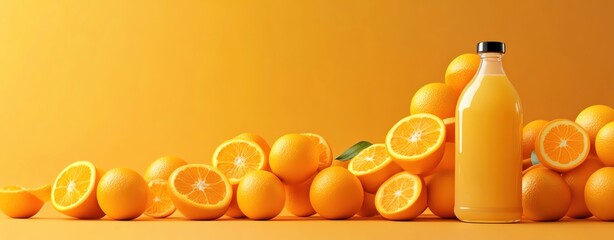 Fresh oranges and juice on vibrant orange background.