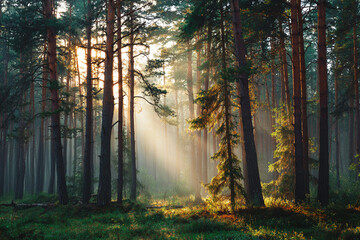 Obraz premium Sunlight Filtering Through a Serene Forest