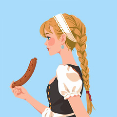 From the series "oktoberfest", girl with sausageer on isolated pale blue background