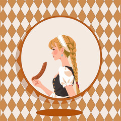 From the series "oktoberfest", girl with sausageer on a traditional Bavarian pattern of brown  diamonds