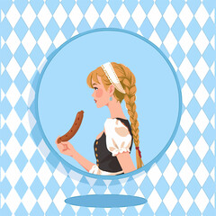 From the series "oktoberfest", girl with sausageer on a traditional Bavarian pattern of blue and white diamonds