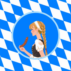 From the series "oktoberfest", girl with sausageer on a traditional Bavarian pattern of blue and white diamonds