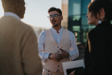 A group of diverse business colleagues engage in a brainstorming session on a high-rise balcony...