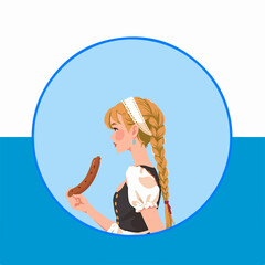 From the series "oktoberfest", girl with sausageer on a traditional Bavarian pattern of blue and white strips