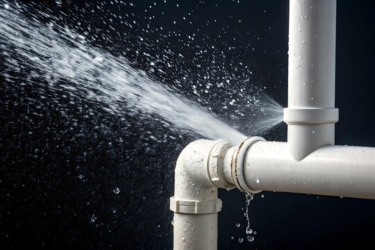 High pressure water spraying from damaged white pvc pipe joint against dark background