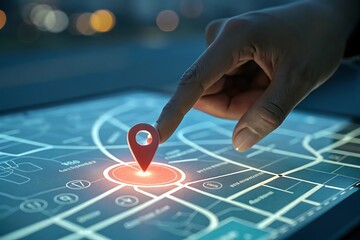 Person s finger touching red location pin on digital interactive map display