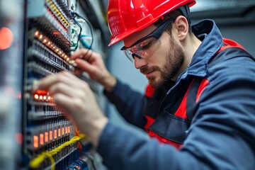 Construction worker and contractor, electrician preparing to wire the electrical system on the ceiling in a reconstruction room, Generative AI