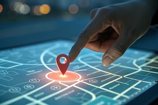 Person s finger touching red location pin on digital interactive map display