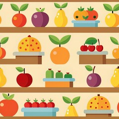 Fruit Shop Seamless Pattern with Shelves and Produce